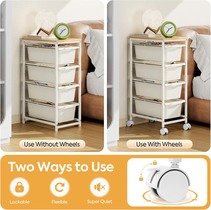 Rolling Storage Cart with 3 Drawers, Craft Organizer, Wooden Tabletop Utility Cart for Bedroom, Children's Room and Office Organization, Under Desk Trolley with Lockable Wheels,White