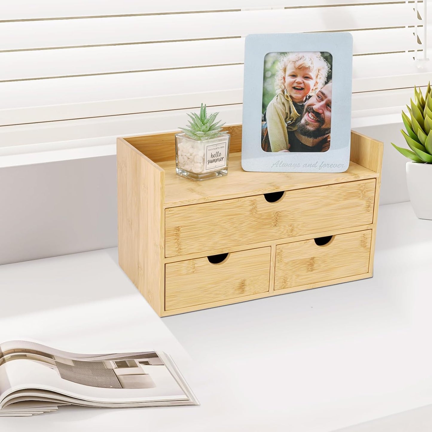 Charmewooden Bamboo Desk Organizer with 3 Drawers, Countertop Organizer with Drawers Makeup Storage Drawer 3 Drawers Tabletop Storage Organization Box Home Office Workspace
