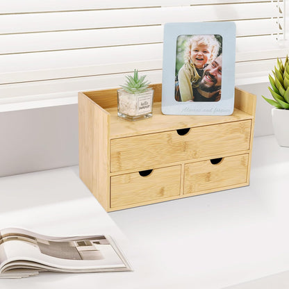 Charmewooden Bamboo Desk Organizer with 3 Drawers, Countertop Organizer with Drawers Makeup Storage Drawer 3 Drawers Tabletop Storage Organization Box Home Office Workspace