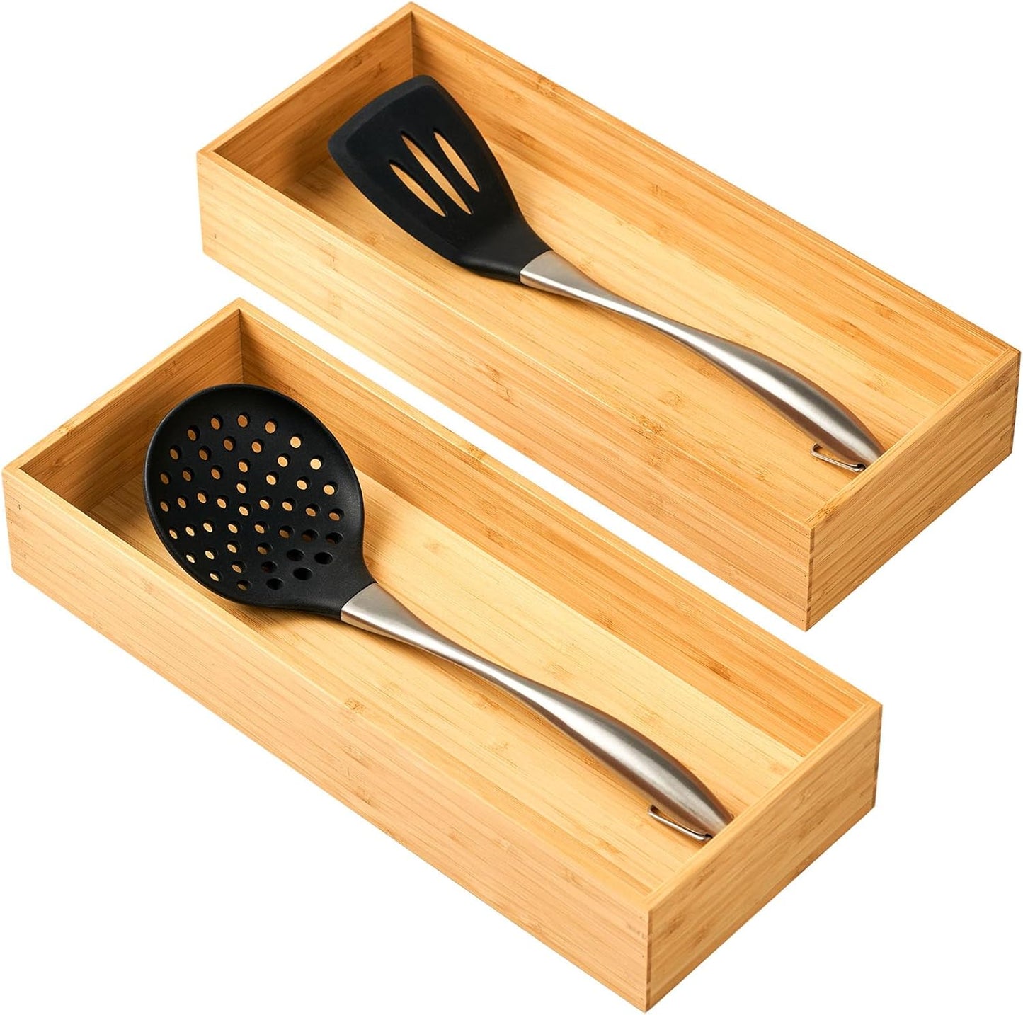 Umilife Bamboo Kitchen Drawer Organizer, Extra High Silverware Tray, Flatware Cutlery Storage Box, Multi-Use Holder in Office, Bathroom, Pantry - 9"x6"x2.5" (Set of 2)