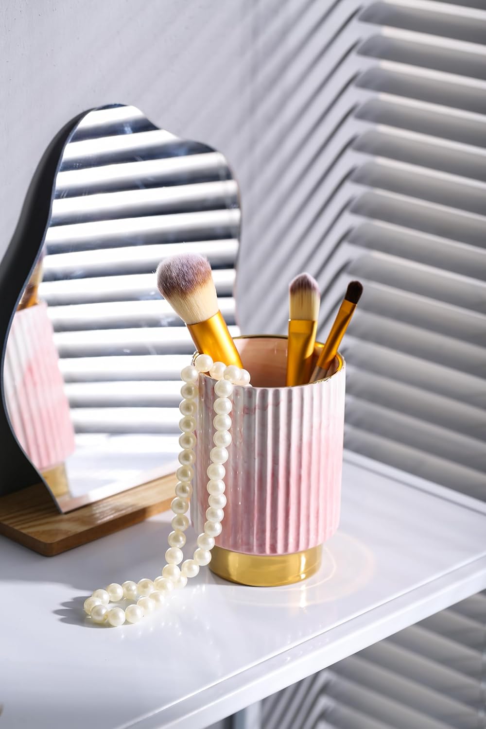 IEEK Makeup Brush Holder Organizer Pen Pencil Cup Glass Make Up Brushes and Toothbrush Organizer for Bathroom Vanity Desktop European Style Striped Brushes Container,Grey and Gold