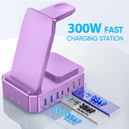 300W Charging Station for Multiple Devices Apple,10 in 1 Wireless Charger for iPhone,GaN III USB C 65W PD Fast Charging Stand Dock for MacBook,iWatch&Airpods (Wireless Charging Only for Apple)