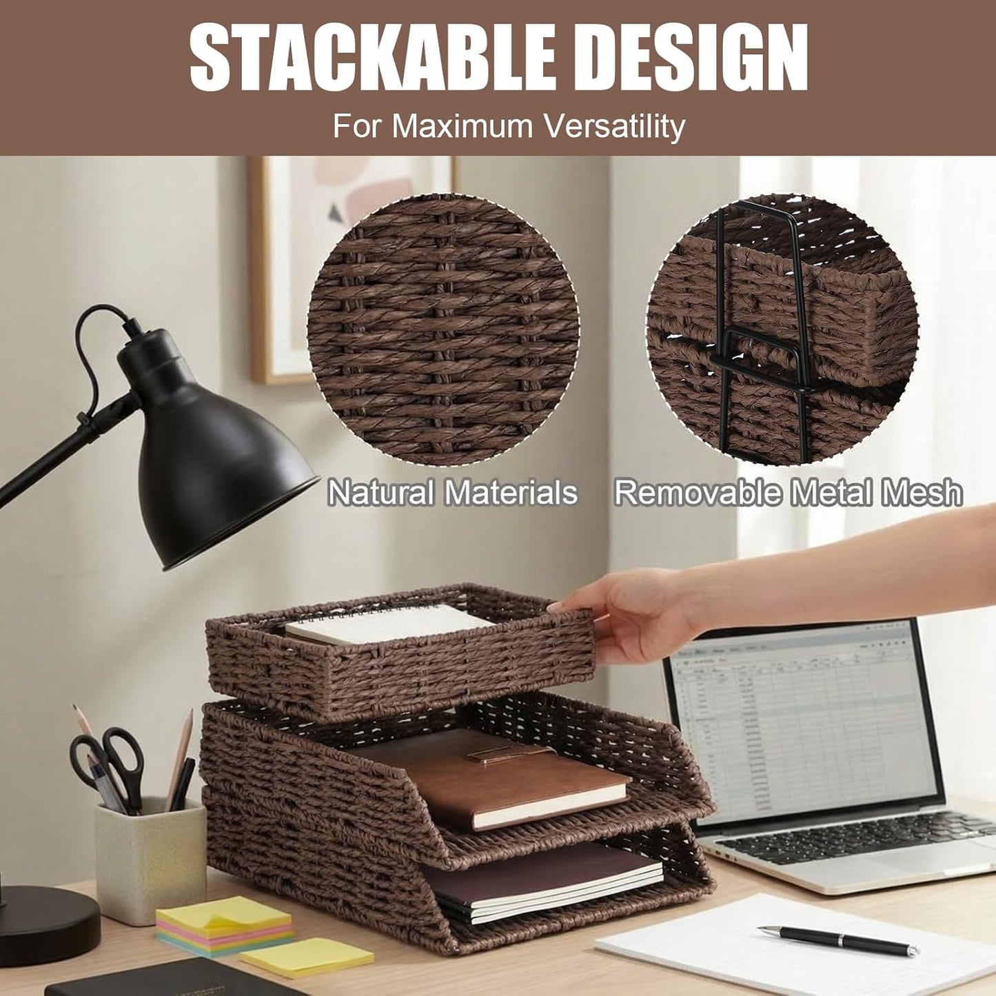 Geelin 3 Pack Water Hyacinth Woven Stackable Desk Organizer Letter Tray, Brown Tabletop Desk Basket for Storage Paper Letter Folders Notebooks Copy Print, Workspace Holder