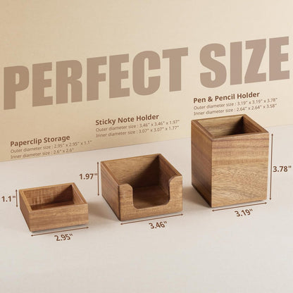 Desk Organizer Set of 3 - Bamboo Office Desk Accessories - Desk Organizers and Accessories for Women Men - Set incl. Pencil Pen Holder, Paperclip Storage and Sticky Note Holder