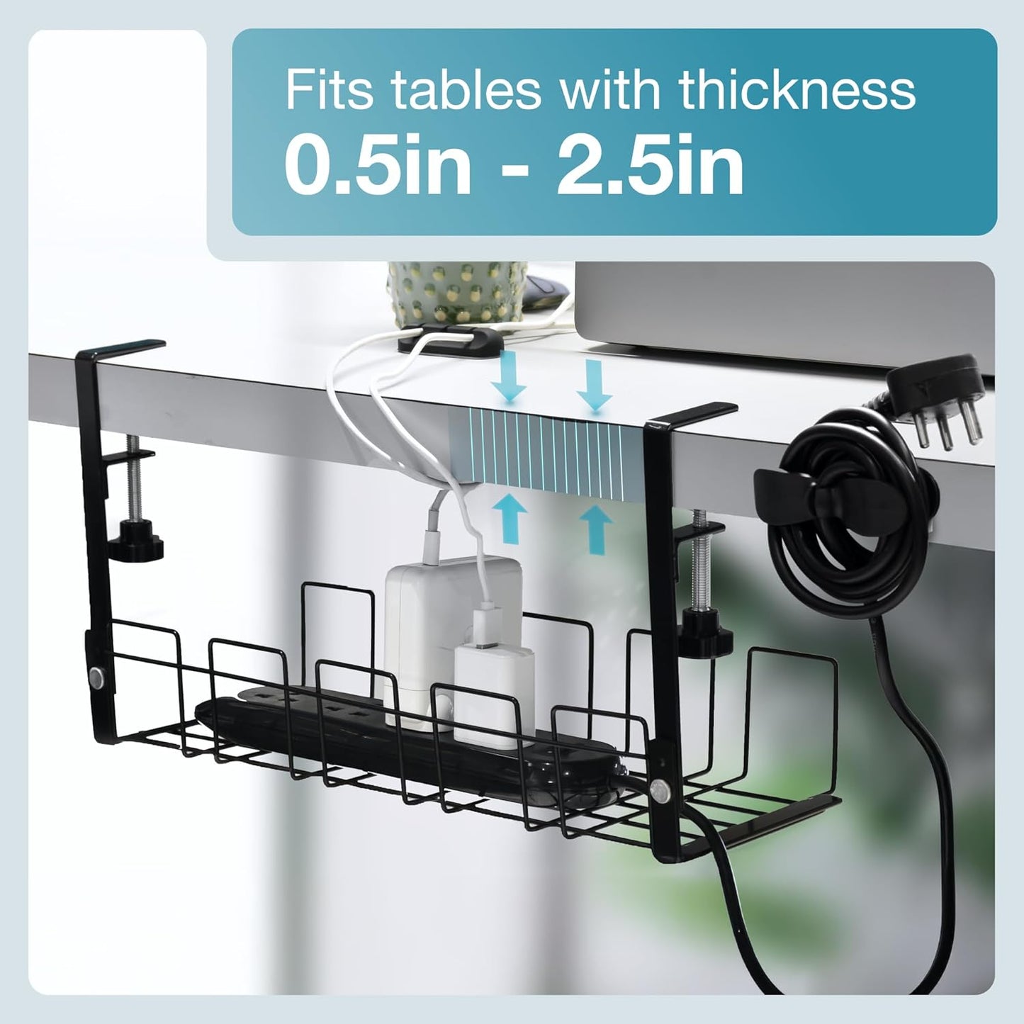 Under Desk Cable Management Tray - 16” No Screw Ready to Install - Hanging Basket Box for Wire Management - Sturdy Desk Cable Tray Organizer fits Two Power Cords - Ideal for Home & Office - 11pc Set