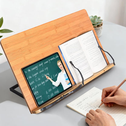 wishacc Bamboo Book Stand, Adjustable Book Holder Tray and Page Paper Clips-Cookbook Reading Desk Portable Stable Hard-Wearing Lightweight Bookstand-Textbooks Books