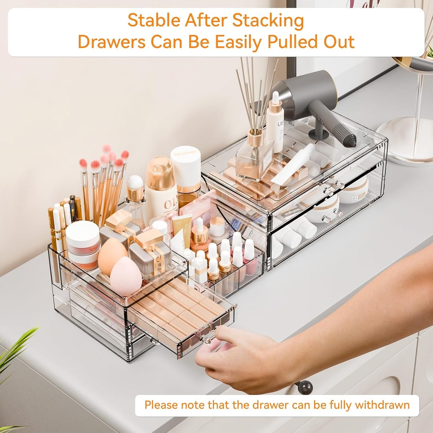 Yieach 3 Pack Clear Makeup Organizer Countertop for Dresser,Vanity and Bathroom Counter Organizer,Tiered Stackable Makeup Acrylic Organizers with 9 Drawer for Skincare,Brush and Make up Holders