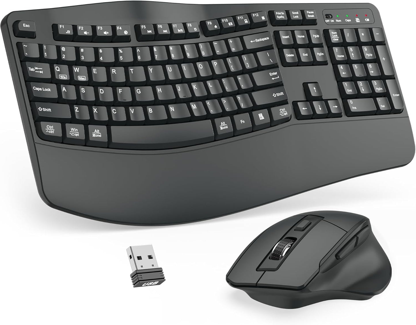 Wireless Keyboard and Mouse Combo, 2.4G Full Size Wave Keys Ergonomic Keyboard with Wrist Rest and 3-Level DPI Adjustable Wireless Ergonomic Mouse for Windows, Mac OS Desktop/Laptop/PC(Black)