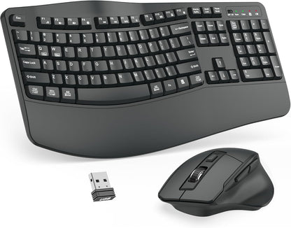 Wireless Keyboard and Mouse Combo, 2.4G Full Size Wave Keys Ergonomic Keyboard with Wrist Rest and 3-Level DPI Adjustable Wireless Ergonomic Mouse for Windows, Mac OS Desktop/Laptop/PC(Black)