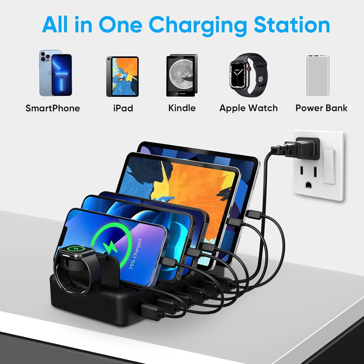 CREATIVE DESIGN Charging Station for Multiple Devices, 50W 6 Ports Charging Dock with 6 Cables Compatible with Cellphone,Tablet, Kindle, Apple Watch and Other Electronic