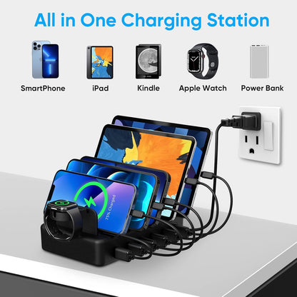 CREATIVE DESIGN Charging Station for Multiple Devices, 50W 6 Ports Charging Dock with 6 Cables Compatible with Cellphone,Tablet, Kindle, Apple Watch and Other Electronic