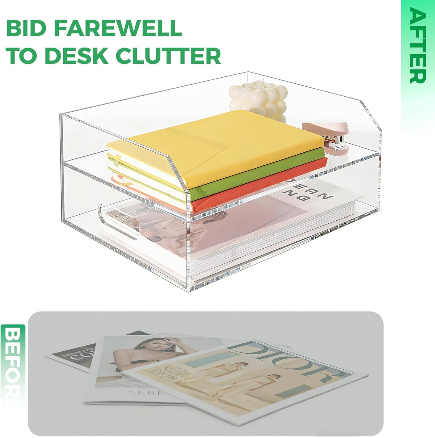 2-Tier Clear Acrylic Paper Trays, Desk File Organizer, A4 Paper Holder, Low-Profile Desk File Sorter for Office/Home, Clear Stackable Letter Tray for Bills, Crafts, Notebooks - Horizontal