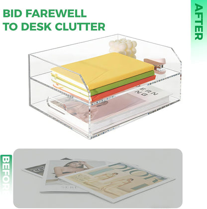 2-Tier Clear Acrylic Paper Trays, Desk File Organizer, A4 Paper Holder, Low-Profile Desk File Sorter for Office/Home, Clear Stackable Letter Tray for Bills, Crafts, Notebooks - Horizontal