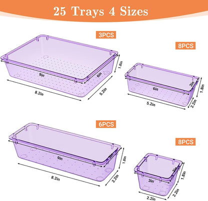 SpaceHacks 25 PCS Plastic Drawer Organizer Set, 4-Size Versatile Organizer Tool Trays & storage Bins for Makeup, Jewelry, and Gadgets in Bathroom, Bedroom and Office,Clear Black