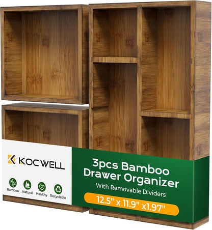 KOCWELL Bamboo Desk Drawer Organizer with Removable Dividers,Multi-Use Office Drawer Organizer Tray,Junk Drawer Organizers for Office,School,Kitchen,Makeup Supply（Original）