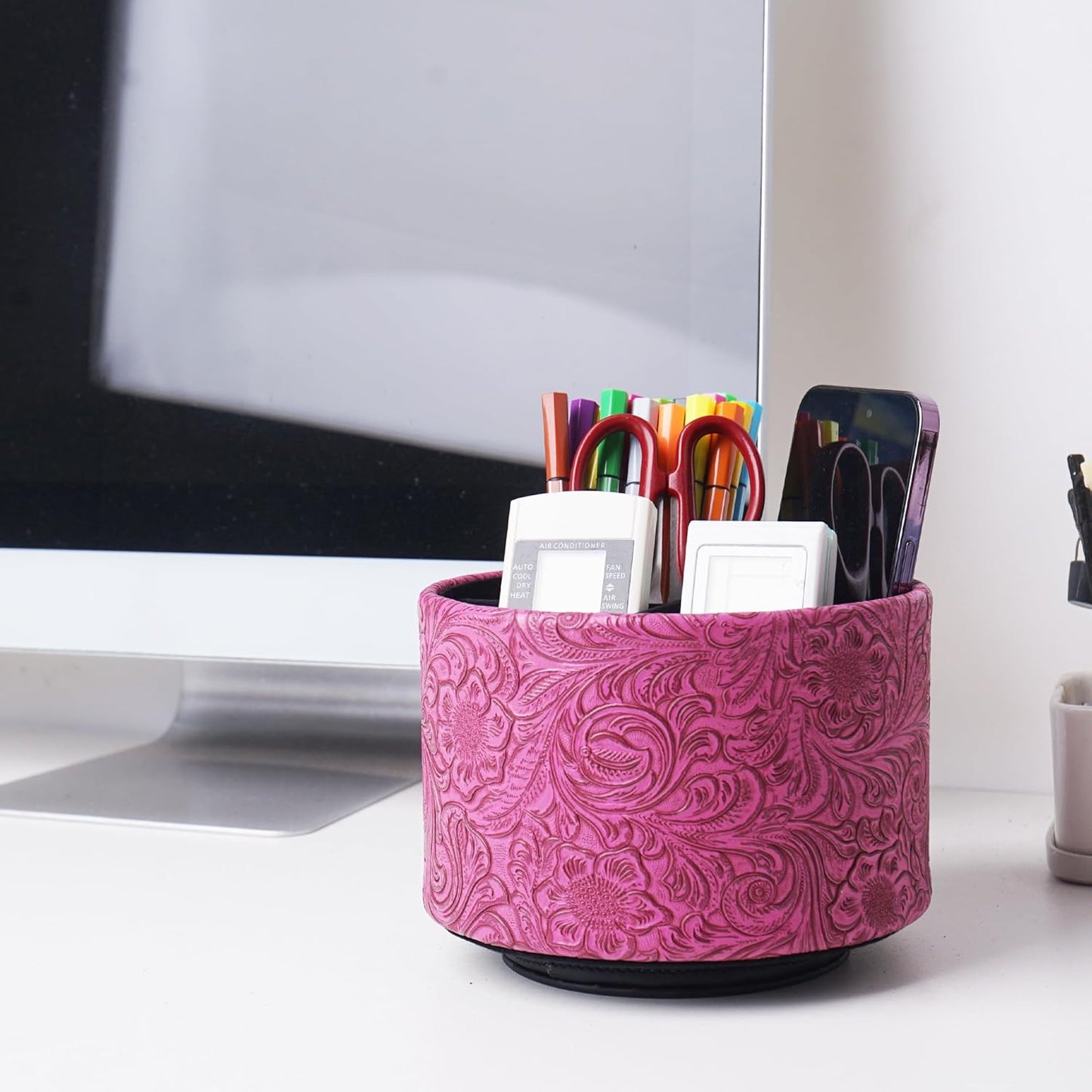 lizimandu Round Leather Art Supply Organizer,Remote Control Holder,360 Degree Spinning,Multi-Functional Pencil Holder,4 Compartments Desktop Stationary Organizer(1-Gold) - Colors B