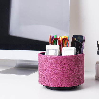 lizimandu Round Leather Art Supply Organizer,Remote Control Holder,360 Degree Spinning,Multi-Functional Pencil Holder,4 Compartments Desktop Stationary Organizer(1-Gold) - Colors B