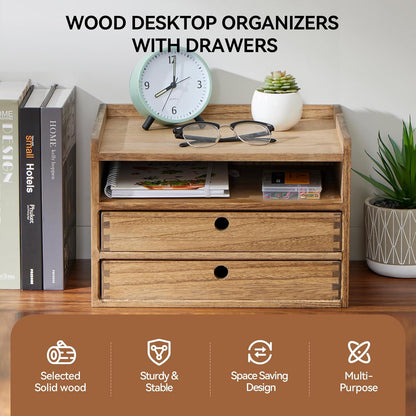 KIRIGEN Wooden Desktop Organizer Paper Storage Letter Tray File Sorter - Desk Rack Magazine File Dividers Holders for Home Office Accessories Wood Desk Cabinet with 3 Layer Trays Natural(3KWJG-NA)