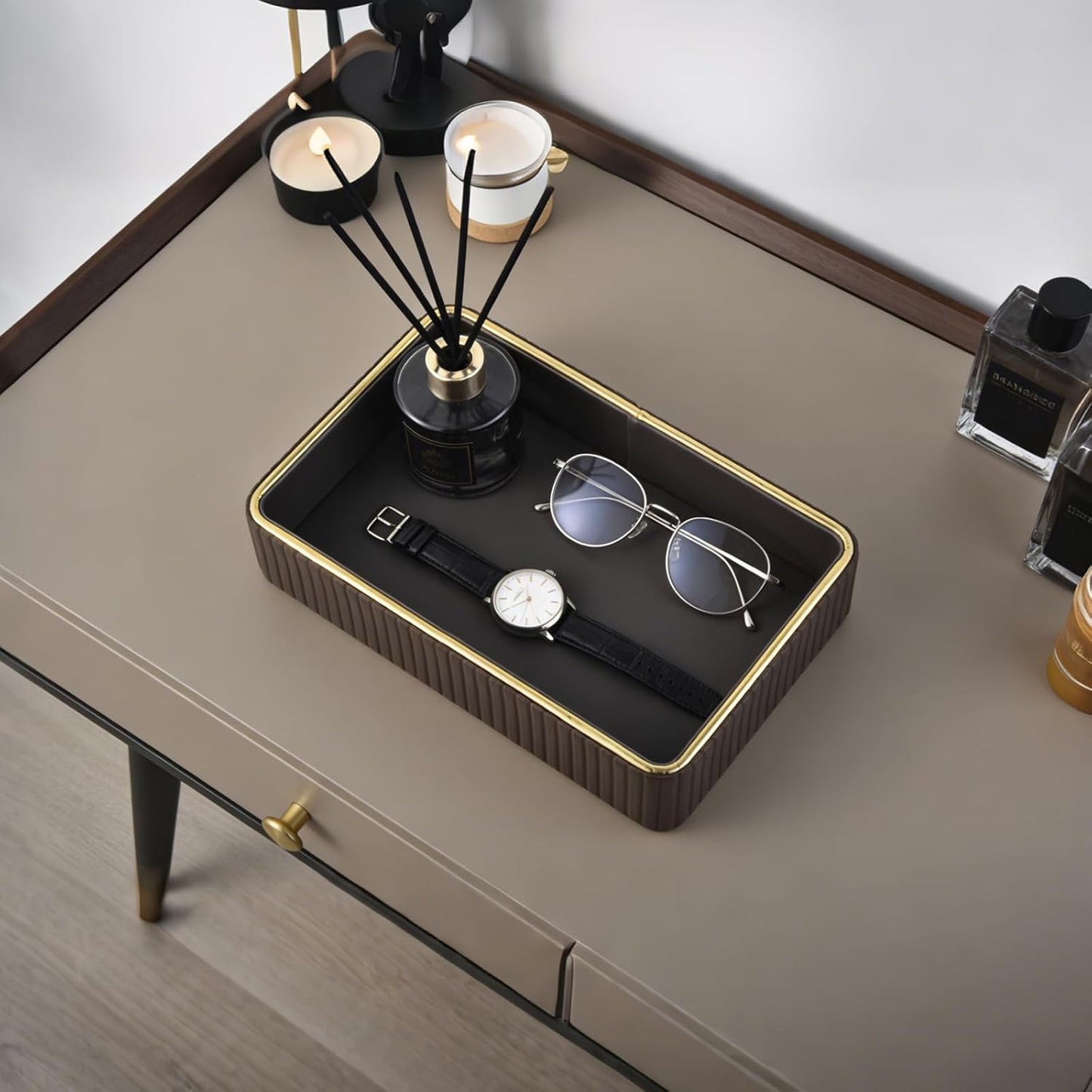 PU Leather Valet Tray,Desk Organizer Tray Nightstand Organizer Trinket Dish Storage Key Bowl Decorative Trays for Phone Wallet Jewelry Watch,Bathroom Bedroom Perfume Vanity Trays,Cream White