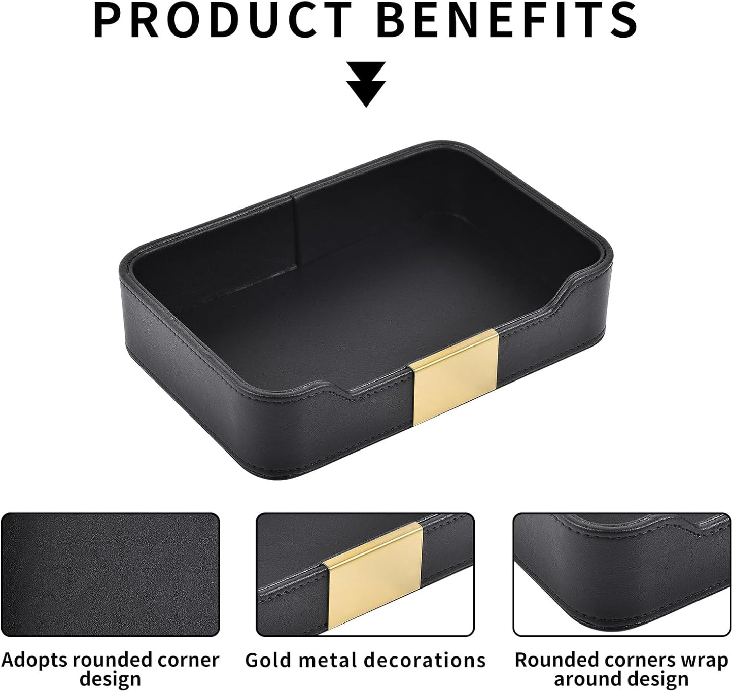 Luxury Leather Valet Tray Desktop Storage Organizer,Bedside Vanity Catchall Tray Nightstand Caddy Holder for Cosmetic,Jewelry,Watch,Keys,Phone,Wallet,Remote Controller,Pen,Black