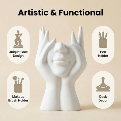 Abstract Human Body Art Face-Holding Sculpture | Home Decor/Makeup Brush Organizer + Office Desk Pen Holder | Multi-Use Gift for Family, Coworkers & Loved Ones