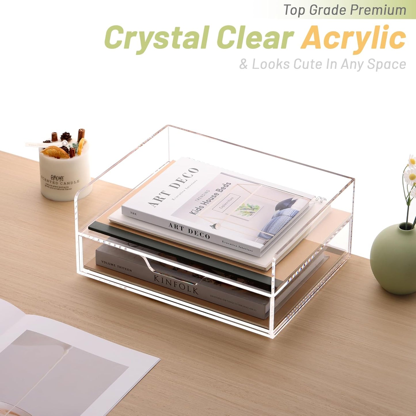 SANRUI Paper Organizer for Desk,Acrylic Stackable Letter Tray, Clear Desk Organizer, Paper Sorter for Office,Home or School,2-Pack