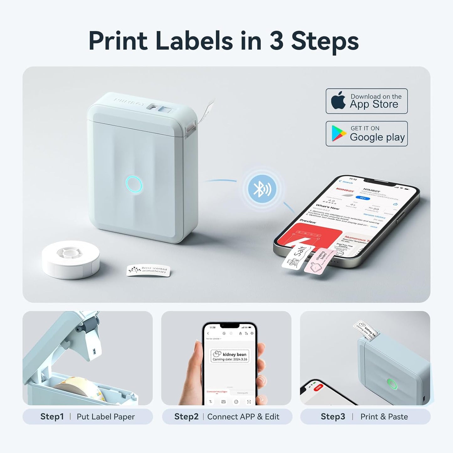 NIIMBOT D110 Upgraded Version Mini Label Maker Machine with Tape, Portable Bluetooth Thermal Printer, Sticker Labeler with Multiple Templates for Office Organization Home Kitchen School, White