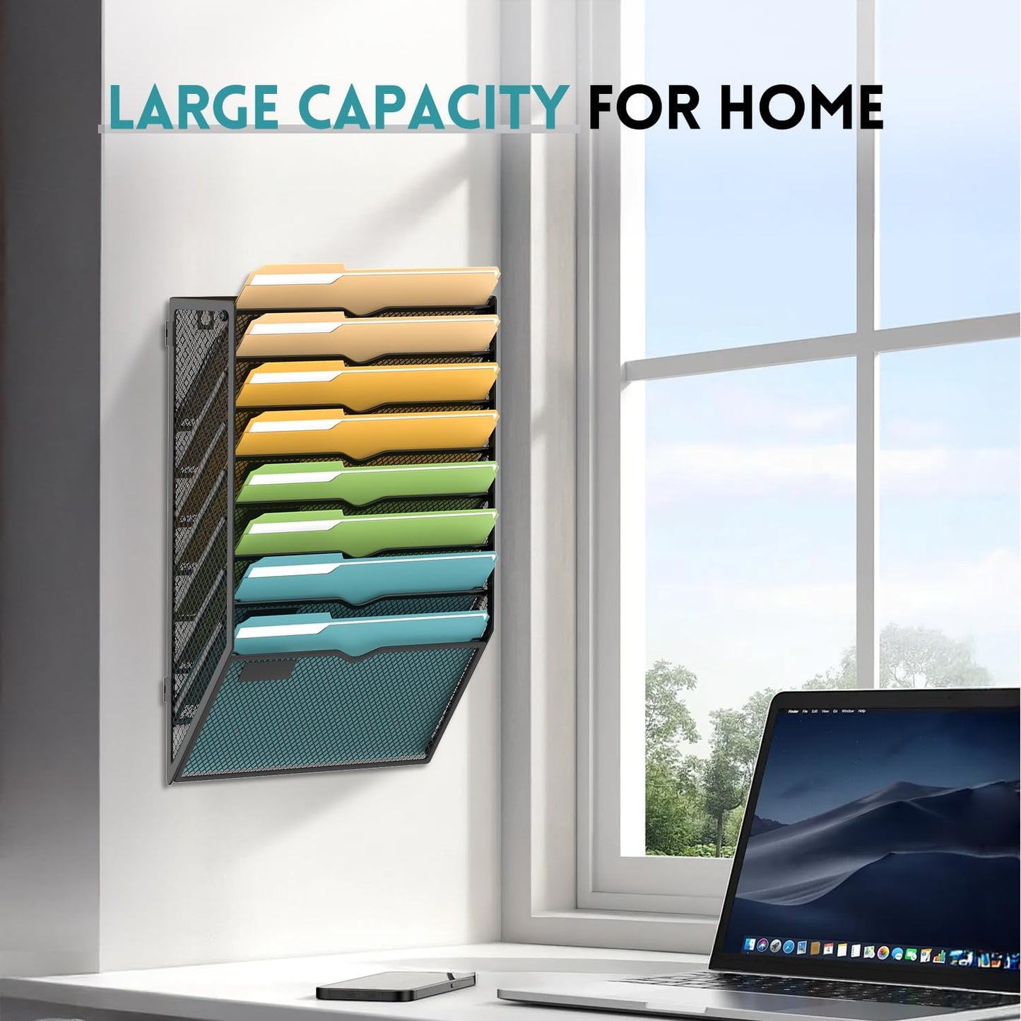 SUPEASY 5 Tier Wall File Organizer, Hanging Wall Mounted Mail Organizer with Label Slots, Metal Mesh File Holder Magazine Rack for Office, Home, School or Classroom, Black