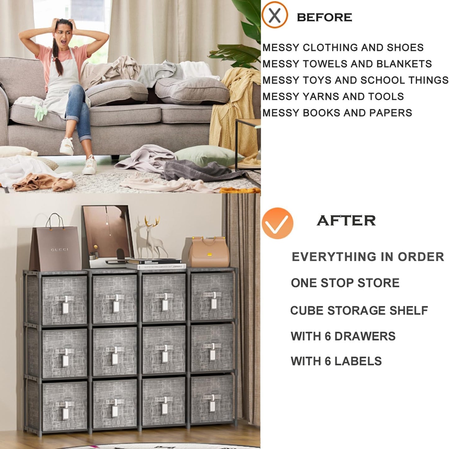 LUKYTOWER Cube Storage Organizer Shelf with Printed Bins + Labels, Cubby Storage Organizer with Bins, Large Capacity Shelves for Storage,Closet, Living Room, Dorm, Yarn (Grey, 6 Cube)