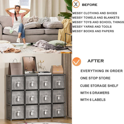 LUKYTOWER Cube Storage Organizer Shelf with Printed Bins + Labels, Cubby Storage Organizer with Bins, Large Capacity Shelves for Storage,Closet, Living Room, Dorm, Yarn (Grey, 6 Cube)