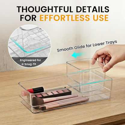 6 PCS Clear Plastic Drawer Organizer Set, 2 Sizes Acrylic Drawer Storage Trays Non Slip Storage Bins for Makeup, Jewelry, Gadgets for Kitchen, Bedroom, Bathroom, Office