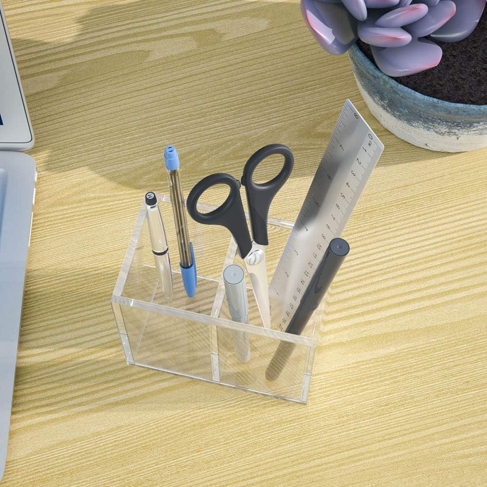 NIUBEE Acrylic Pen Holder 4 Compartments, Clear Pencil Organizer Cup for Countertop Desk Accessory Storage