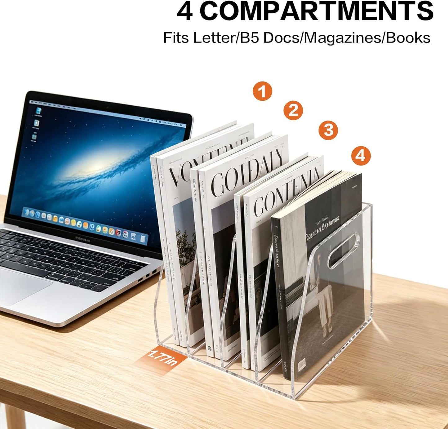 Acrylic Magazine File Holder, 4 Vertical Compartments Desk Document Sorter Organizer, Clear Bookend File Sorter Holder for Office, Documents, Tablets, Magazines, Books