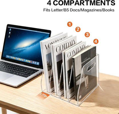 Acrylic Magazine File Holder, 4 Vertical Compartments Desk Document Sorter Organizer, Clear Bookend File Sorter Holder for Office, Documents, Tablets, Magazines, Books