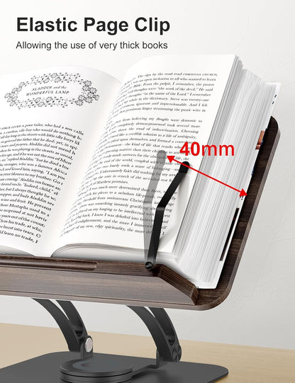 Tounee Book Stand for Reading, Adjustable Book Holder with 360° Swivel Base, Foldable Cookbook Stand Recipe Book Holder with Elastic Page Clips for Music Scores, Recipe, Tablet, Laptop-Gray