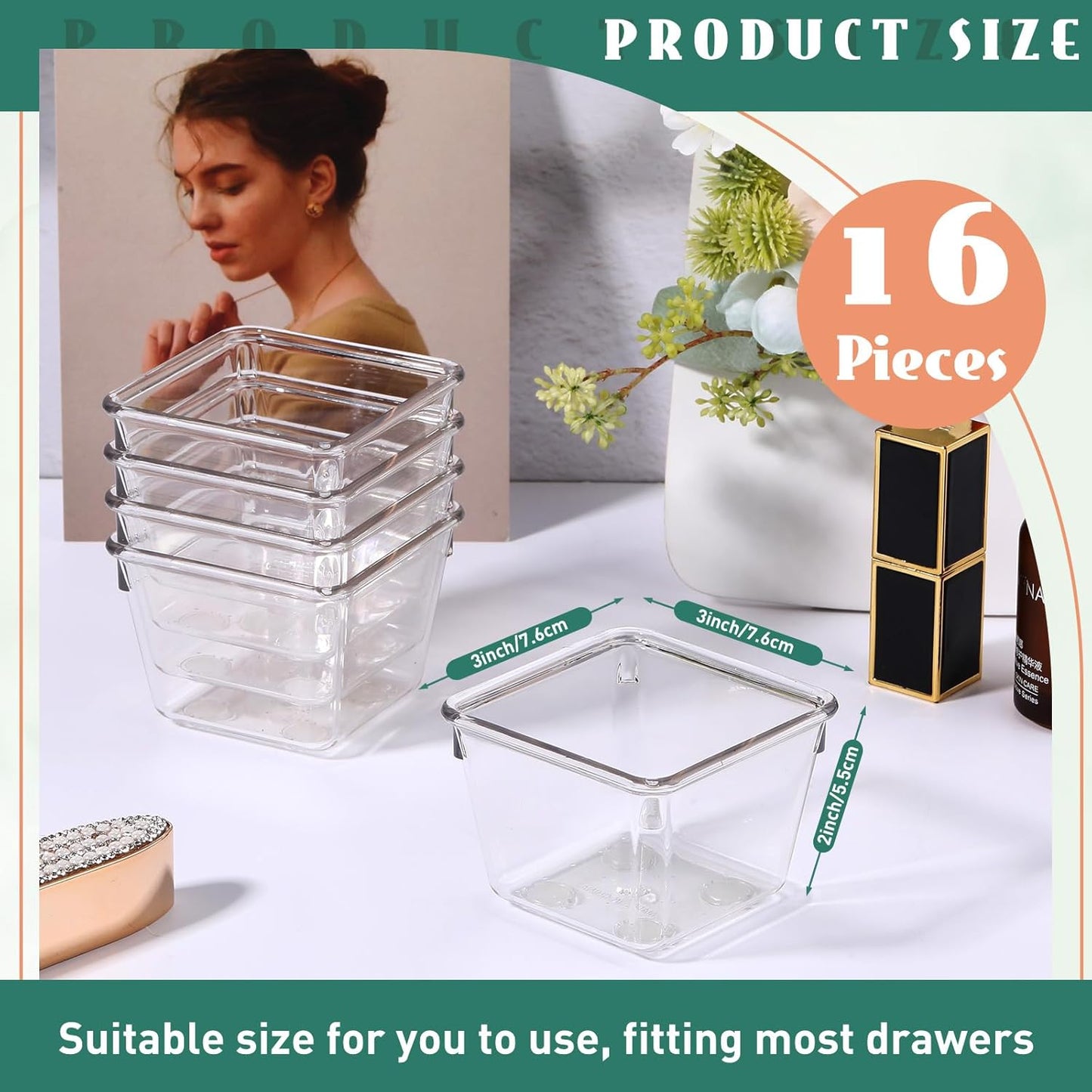 Tioncy 8 Pcs Stackable Clear Drawer Organizer Set 3" x 3" x 2" Small Makeup Vanity Storage Bins Office Desk Drawer Dividers Container Organization for Makeup Vanity Office Bathroom Kitchen Utensil