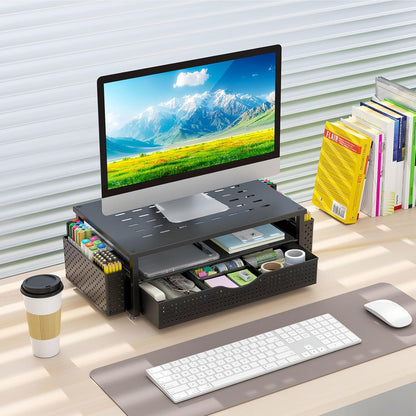 gianotter Wood Monitor Stand Riser, Office Desk Shelf Organizer, Desk Organizer with Drawer and Pen Holder, 2-Tier Computer Stand, Office Organization (Ink)