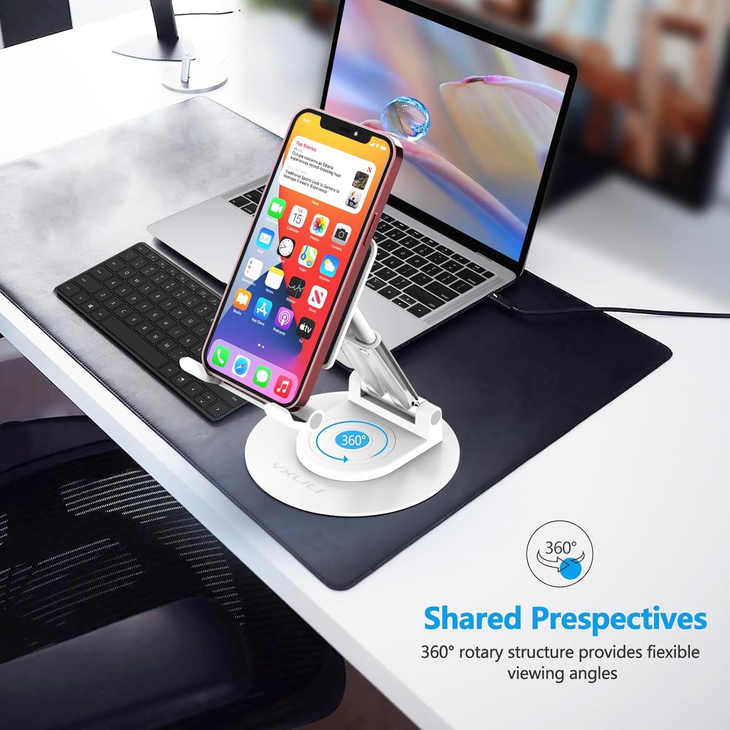 YXLILI Foldable Phone Stand Adjustable Angle Height Cell Phone Holder for Desk 360° Rotating Cellphone Stand for Office Compatible with iPhone14/13/12/11 Pro, Max, Mini, iPad(4-12.9 inch) (White)