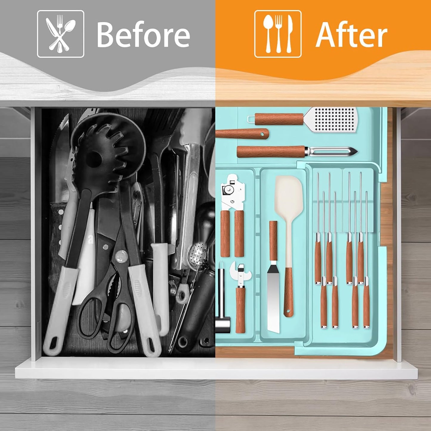 Homecor Large Utensil Organizer for Kitchen Drawer, Expandable Silverware Drawer Organizer Cooking Tray, Cutlery and Flatware Utensil Holder Kitchen Spatula Tools Storage with 3 Dividers, Grey