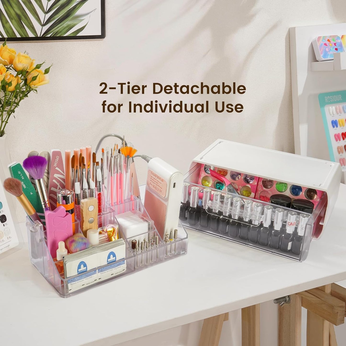 Wilfniee Nail Tech Desk Organizer Case: 2 Layers Nail Tech Organizers with Nail Polish Storage Drawer- 53 Holes Nail Drill Bits & Nail Brushes Pens Holder for Manicure Nail Supplies (Clear)