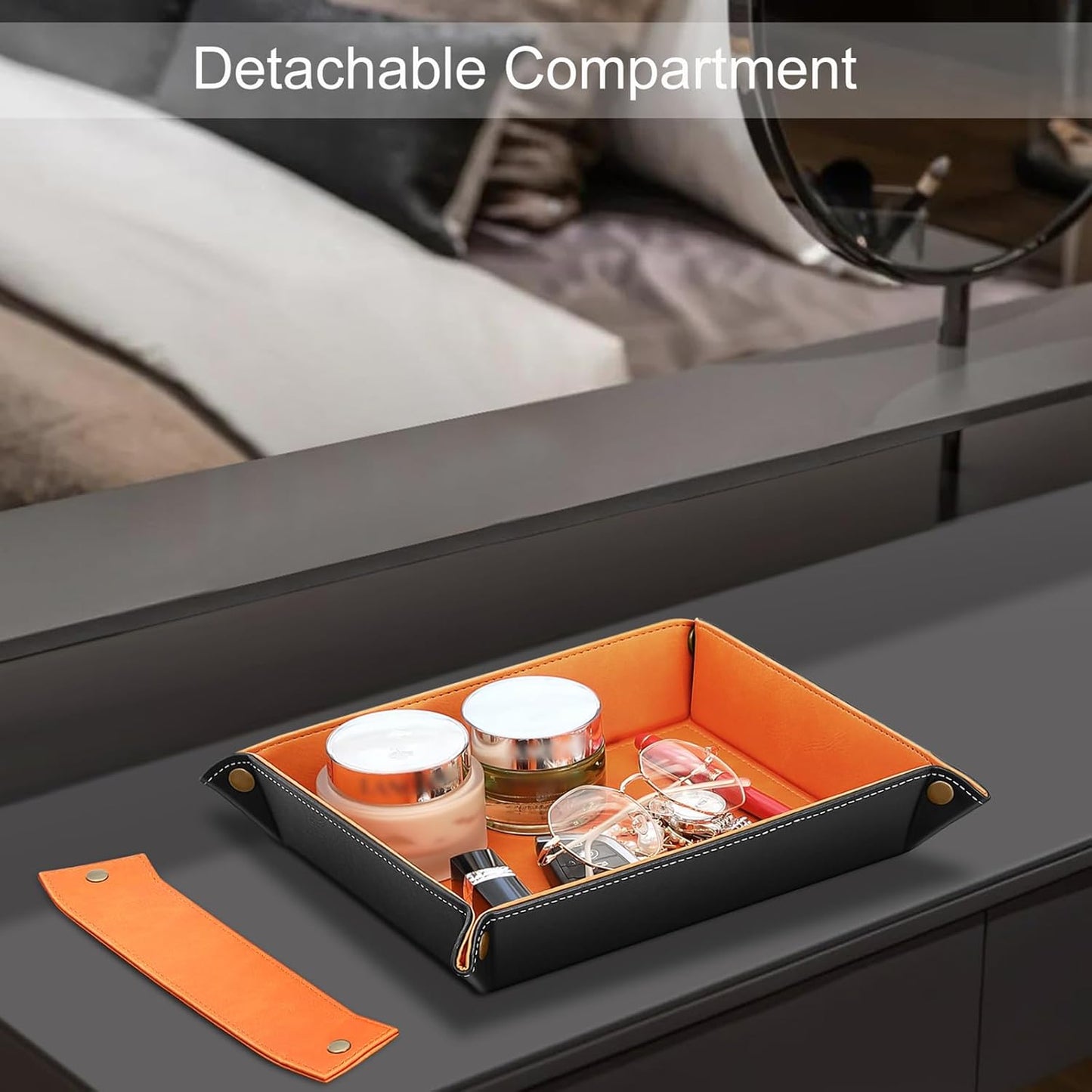 SITHON Valet Tray Desktop Storage Organizer, Removable 2 Compartments Catchall Tray Bedside Vanity Nightstand Caddy Holder Desk Storage Plate, Valentine's Day Gift, Brown