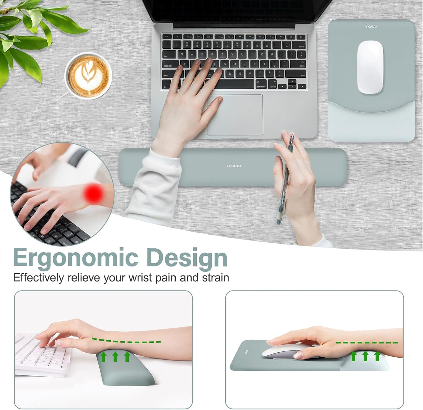 MOSISO Wrist Rest Support for Mouse Pad&Keyboard Set, Rectangular Ergonomic Mousepad Non-Slip Base Home/Office Pain Relief&Easy Typing Pad with Neoprene Cloth&Raised Silicone Lining, Green