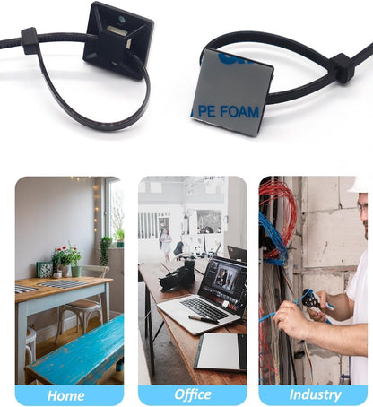 Strong Back-Glue Self Adhesive Cable Zip Tie Mounts Kit - 50 Set Cable Management Clips with 6" Zip Ties, Wire Holders - Outdoor Sticky Wire Organizer Clips-Black (50 Set, Black)