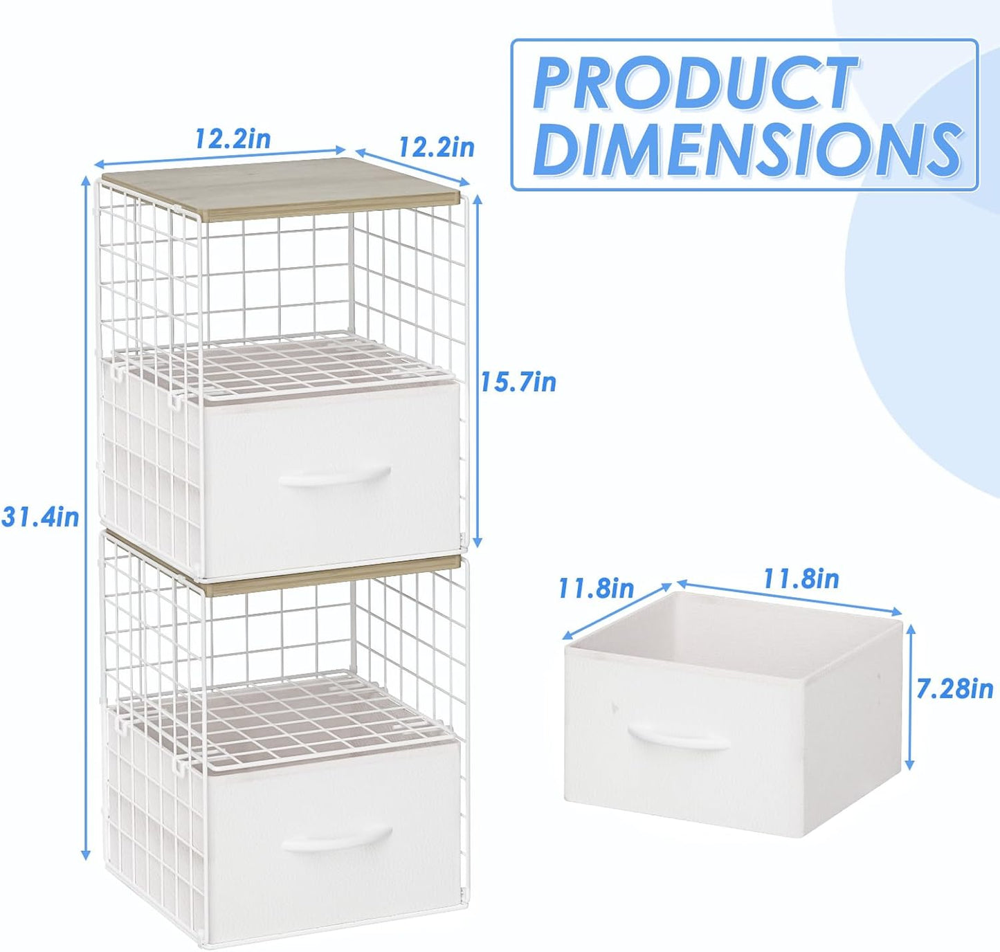 2 Pack Stackable Storage Drawers, Closet Organizers and Storage Shelves with Wooden Top & Adjustable Dividers, White Fabric Closet Drawer Organizer, Modular Storage Bins for Bedroom Wardrobe Apartment