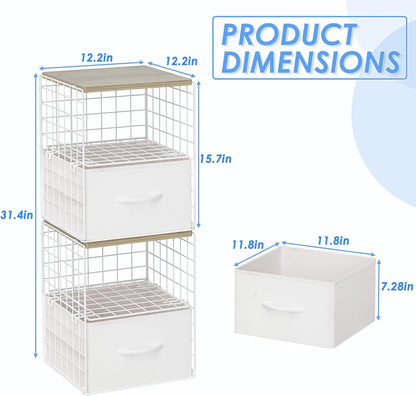 2 Pack Stackable Storage Drawers, Closet Organizers and Storage Shelves with Wooden Top & Adjustable Dividers, White Fabric Closet Drawer Organizer, Modular Storage Bins for Bedroom Wardrobe Apartment