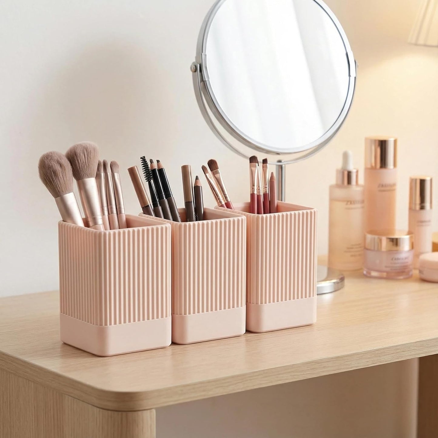 3 Pack Aesthetic Pen Holder for Desk-Sturdy Plastic Pencil Holder - Stylish Makeup Brushes Cup for Women Girls - Cute and Functional Desk Organizer for Office Supplies - Modern Office Decor Pen Cup