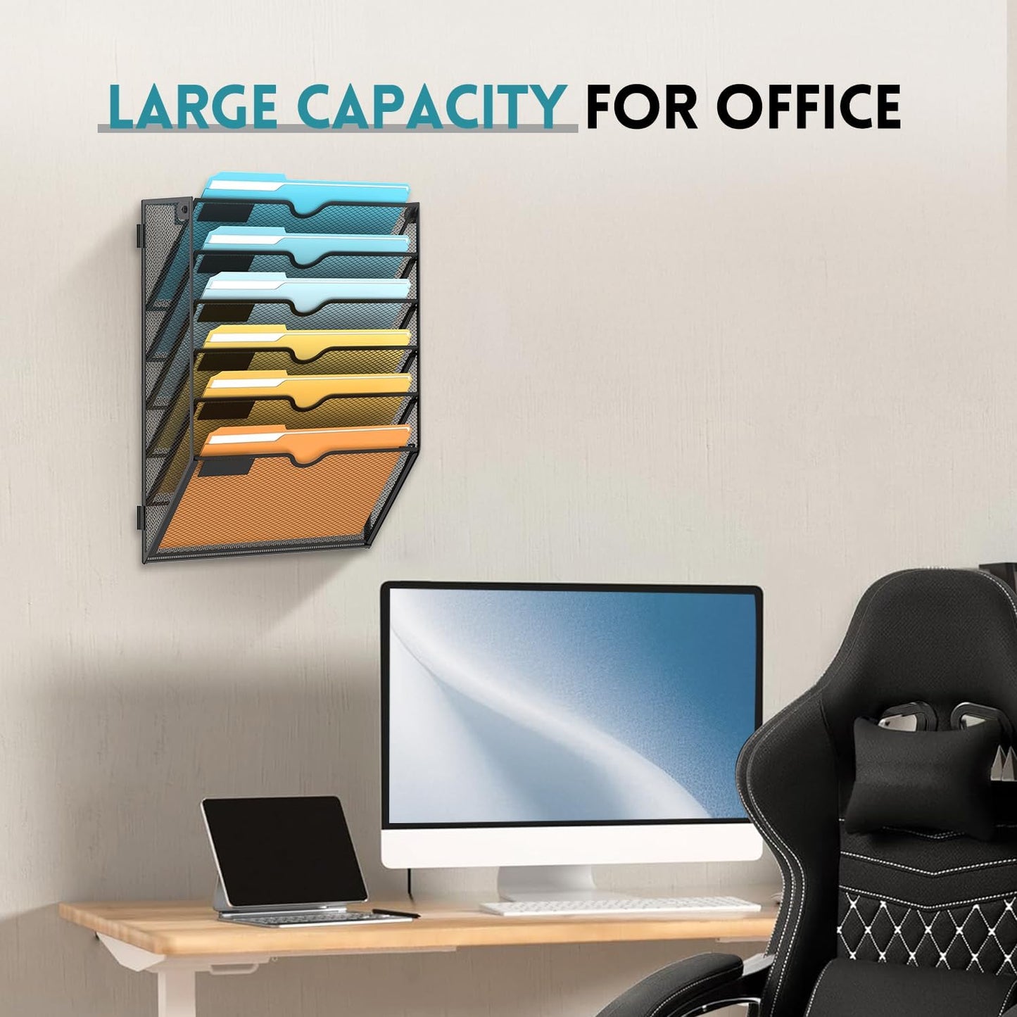 SUPEASY 5 Tier Wall File Organizer, Hanging Wall Mounted Mail Organizer with Label Slots, Metal Mesh File Holder Magazine Rack for Office, Home, School or Classroom, Black