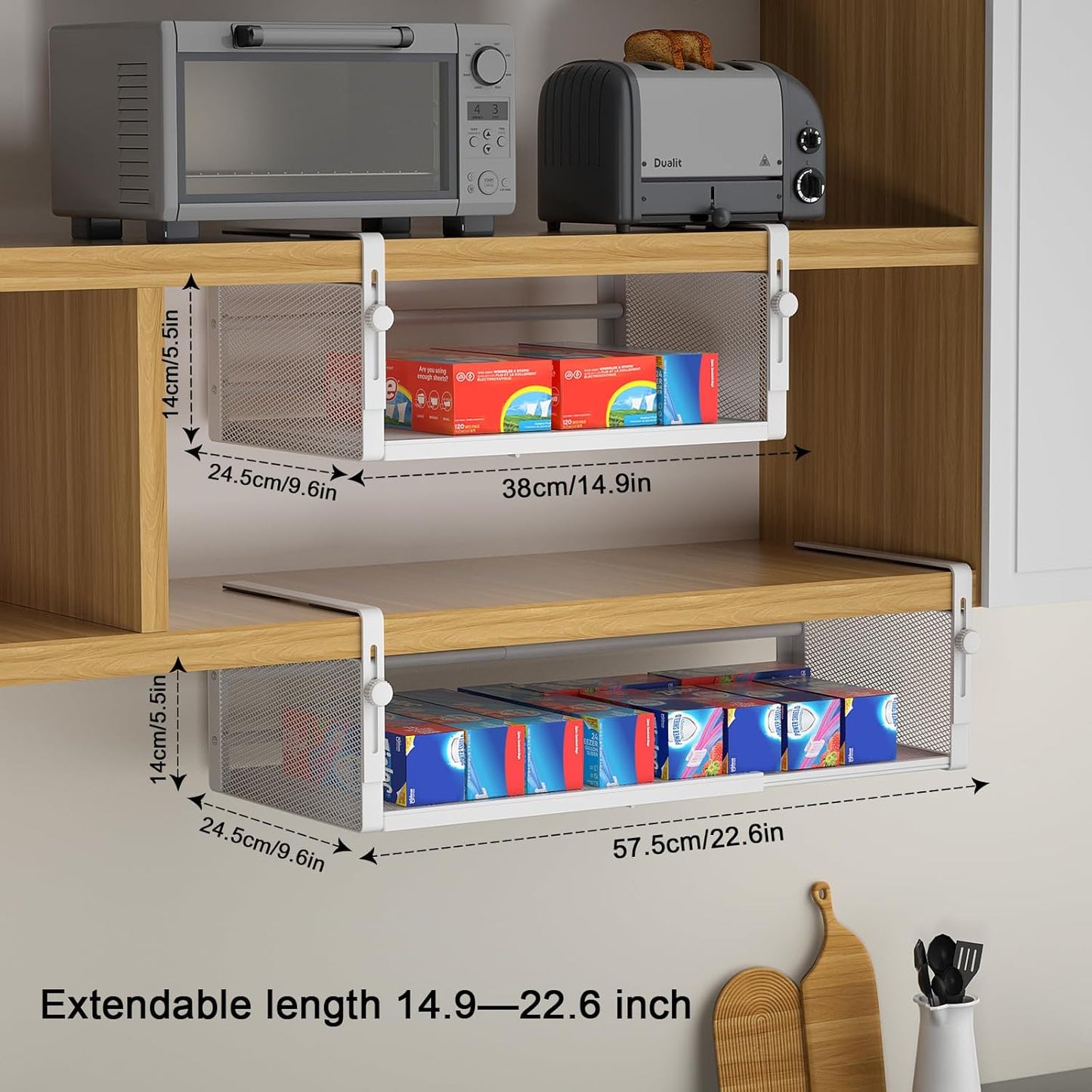 AmonHouseware 2Pack Under Shelf Basket, Adjustable Hanging Under Cabinet Shelf Storage, Hanging Holder Length Stretchable 14.9-22.6Inch for Kitchen Pantry Desk Counter Bookshelf Cupboard (Black)