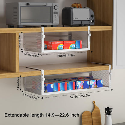 AmonHouseware 2Pack Under Shelf Basket, Adjustable Hanging Under Cabinet Shelf Storage, Hanging Holder Length Stretchable 14.9-22.6Inch for Kitchen Pantry Desk Counter Bookshelf Cupboard (Black)