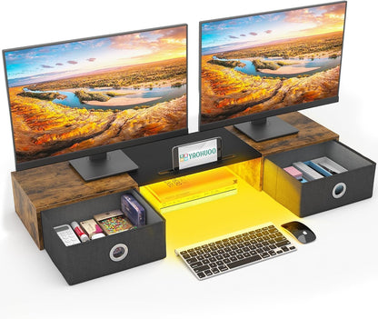 YAOHUOO Dual Monitor Stand with LED Light 2 Drawers, Computer Monitor Riser for 2 Monitors, Large Desktop Organzier with Storage for PC/Laptop/Computer/TV Screen/Printer